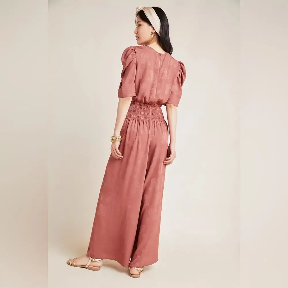 Anthropologie Castille Satin Jacquard Wide Leg Jumpsuit in Rose/Brown Sz Small